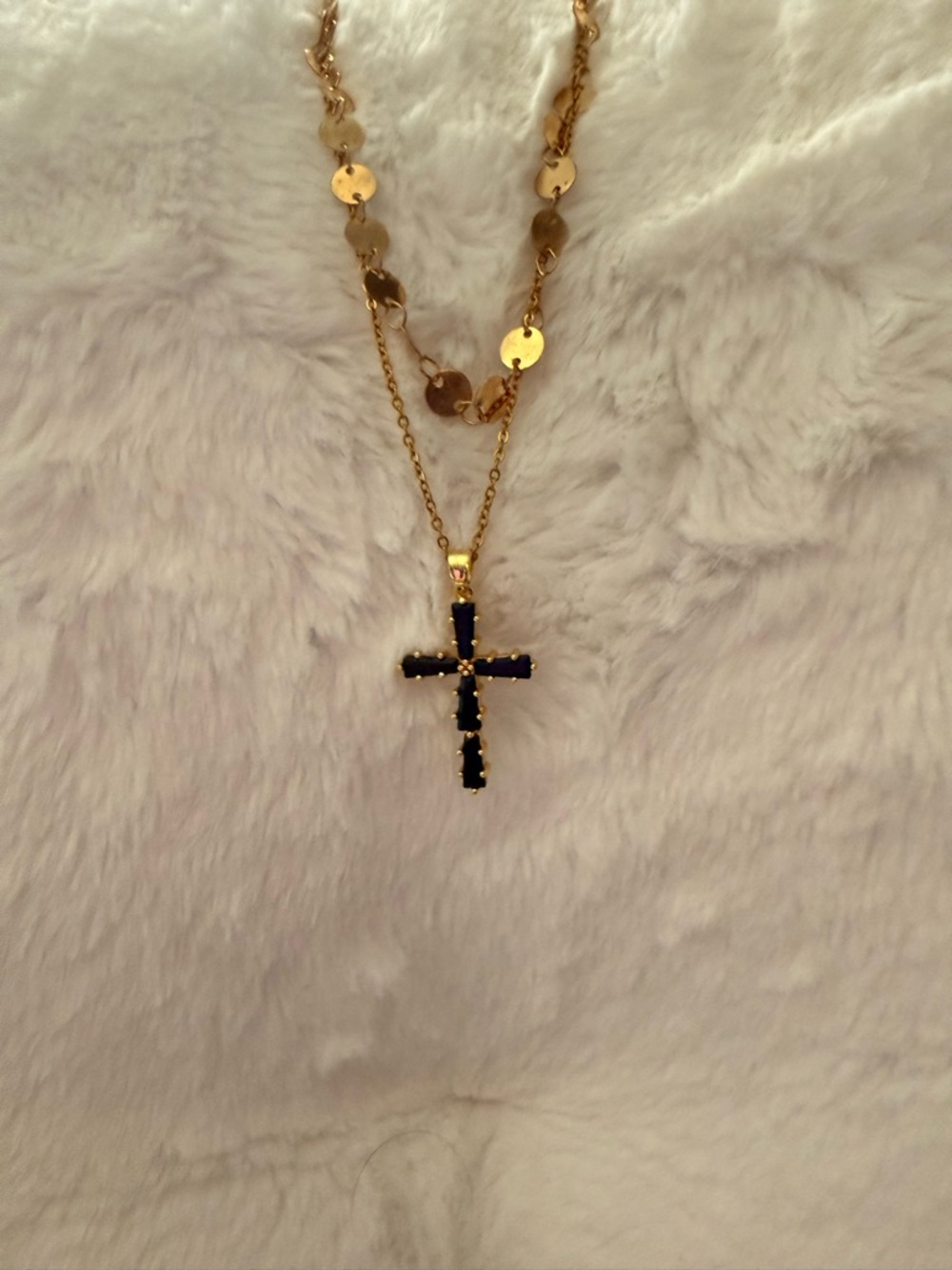 Gold Cross Pendant Necklace with Black Stones - Women's Jewelry